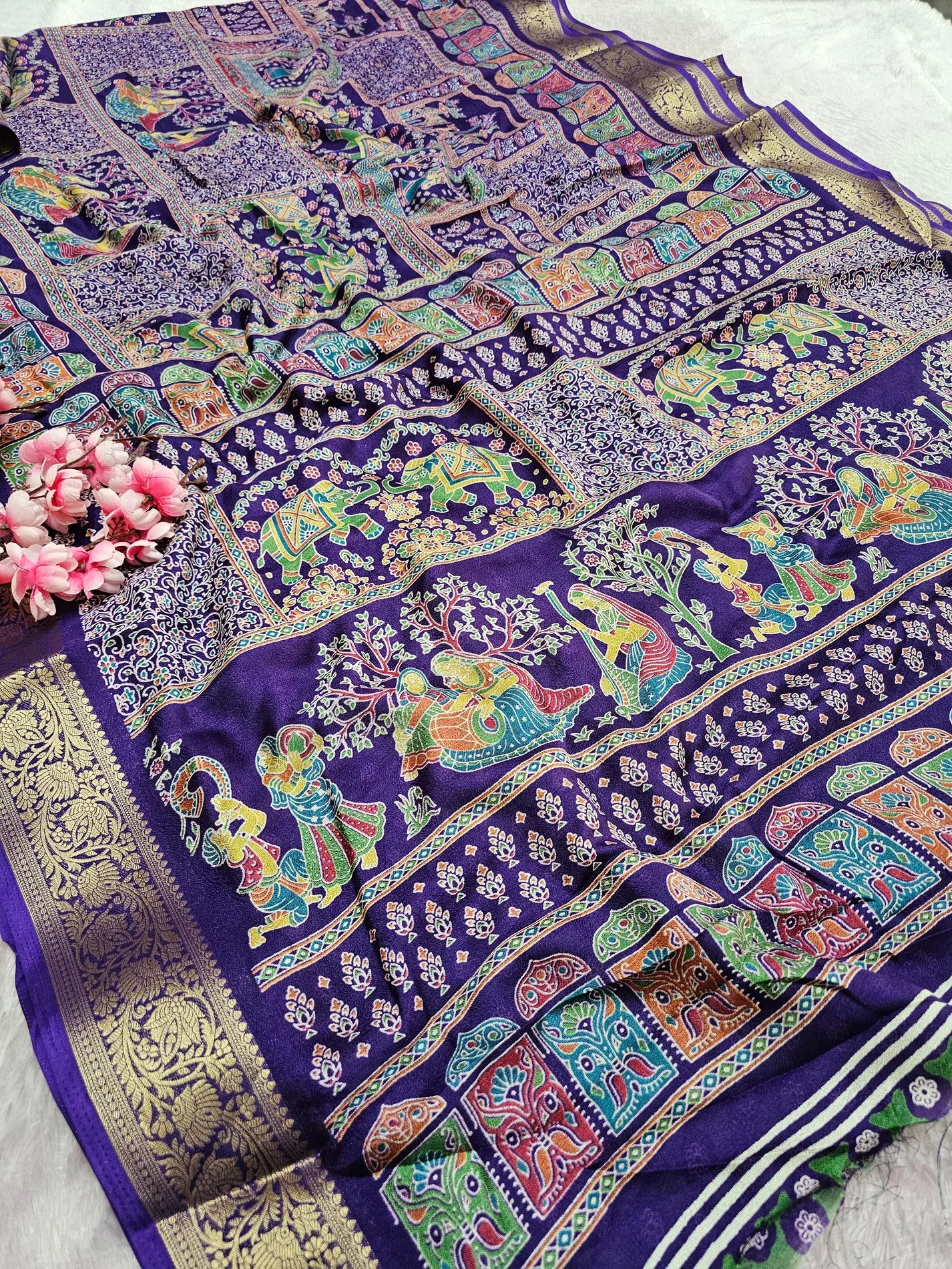 Premium Kashmiri Print Self Weaving Georgette Crepe Silk  Saree Purple